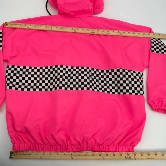 Orange Kiss Windbreaker Womens M Hot Pink Pullover Retro Checkerboard Hoodie Top - Picture 7 of 10